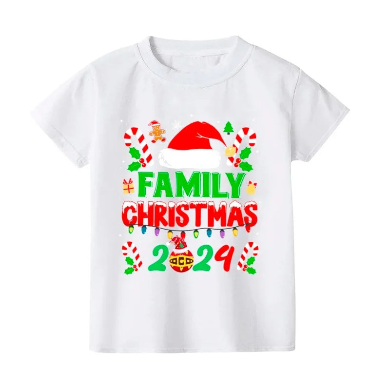 Christmas Holiday Casual Family Set Christmas Hat&family 2024 Print Family Matching Outfits Christmas Party Short Sleeve Clothes