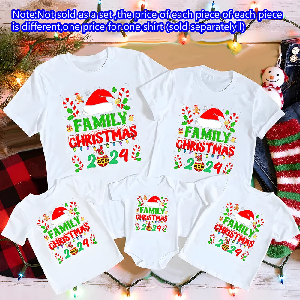 Christmas Holiday Casual Family Set Christmas Hat&family 2024 Print Family Matching Outfits Christmas Party Short Sleeve Clothes