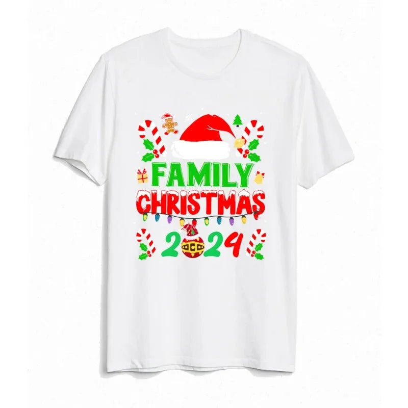 Christmas Holiday Casual Family Set Christmas Hat&family 2024 Print Family Matching Outfits Christmas Party Short Sleeve Clothes