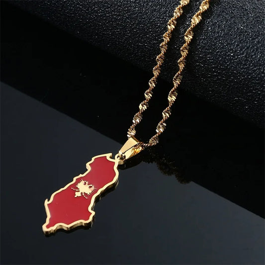 Stainless Steel Albania Eagle Map Flag Pendant Necklaces for Women Men Albanian Jewelry