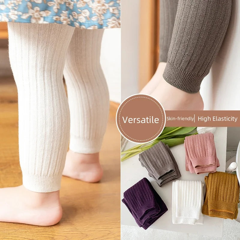 Spring Autumn Baby Children Leggings Soild Color Cotton Ribbed Pants Kids Stretch Knitting Trousers Girls Versatile Cropped Pant