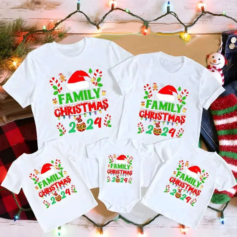 Christmas Holiday Casual Family Set Christmas Hat&family 2024 Print Family Matching Outfits Christmas Party Short Sleeve Clothes