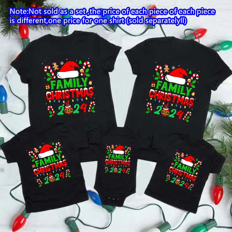 Christmas Holiday Casual Family Set Christmas Hat&family 2024 Print Family Matching Outfits Christmas Party Short Sleeve Clothes