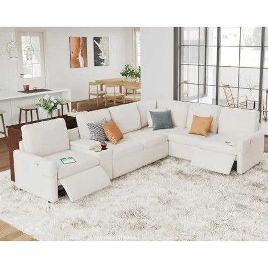 Recliner, 6 Seat L Shpaed Anti Scratch Leathaire Modular Couch with Cup Holder& USB Port, Reclining Sectional Couch with Console