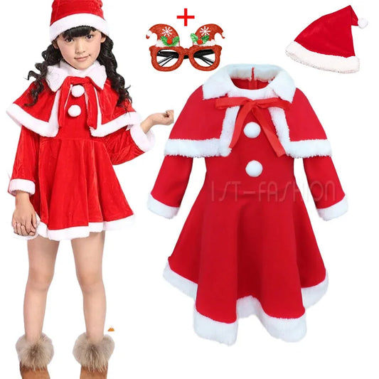 Christmas Dress for Little Girls Santa Claus Cosplay Toddler Kids Fancy Xmas Costume with Hat Child New Year Clothing Set Frocks