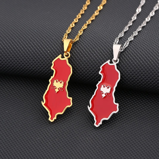 Fashion Albania Map Flag Pendant Necklace Stainless Steel Men Women Shqipërisë Maps Jewelry Gift