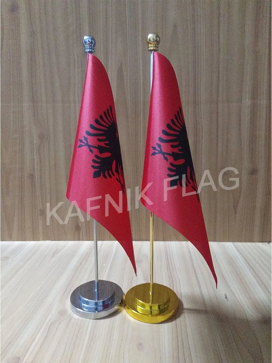 KAFNIK,Albania Office table desk flag with gold or silver metal flagpole base 14*21cm country flag