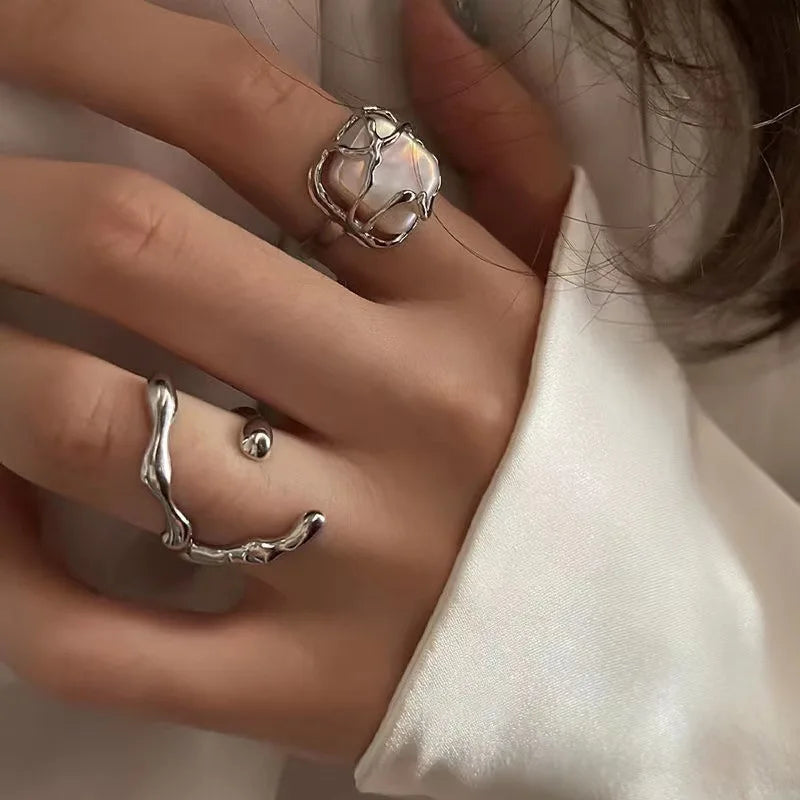 Fashion Creative Hollow Irregular Opening Rings New Minimalist Silver Color Geometric Punk Rings for Women Party Jewelry Gifts