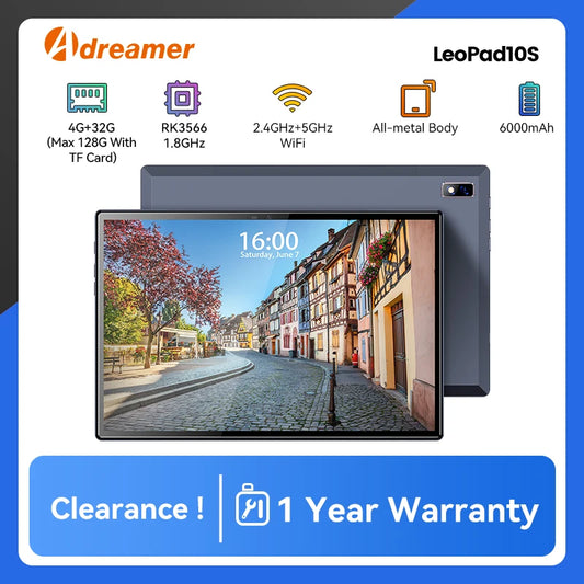 (Clearance) LeoPad10S Tablet Android 11 10.1 Inch 4-Cores 4GB RAM 32GB ROM 1280x800 IPS 6000mAh Dual Camera Type-C Metal Body