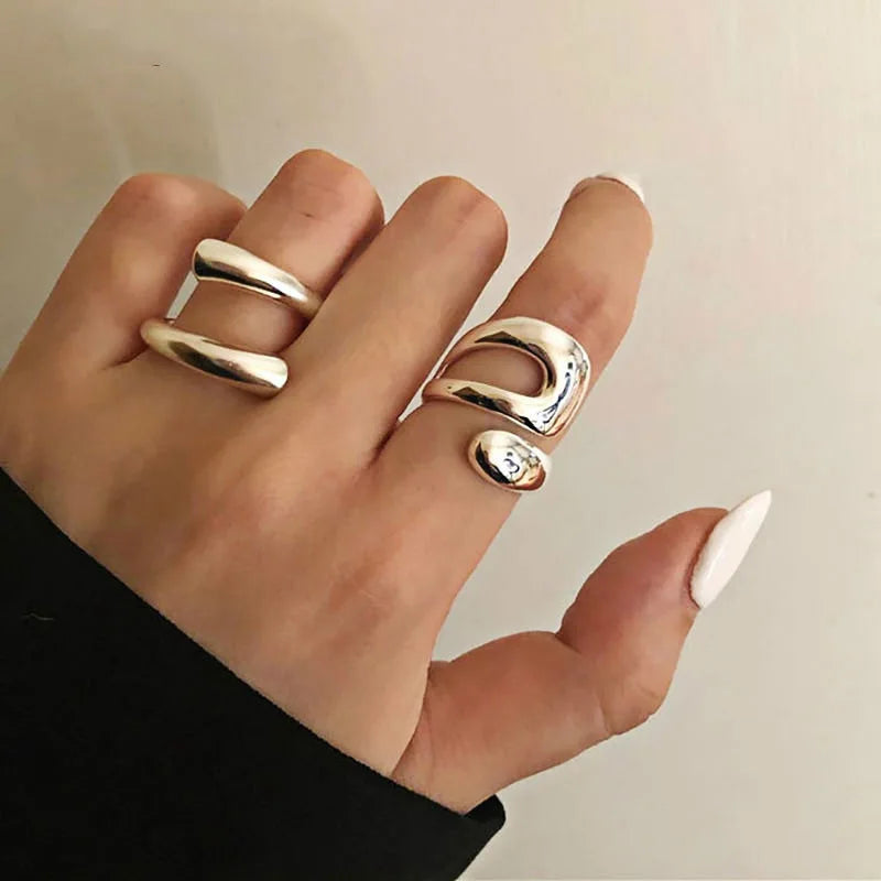 Fashion Creative Hollow Irregular Opening Rings New Minimalist Silver Color Geometric Punk Rings for Women Party Jewelry Gifts